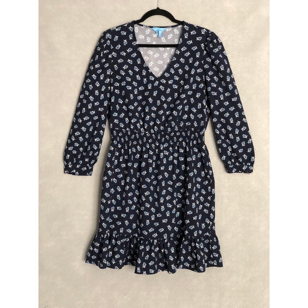 Draper James Floral V-Neck Dress Long Sleeve Blue Women's Medium